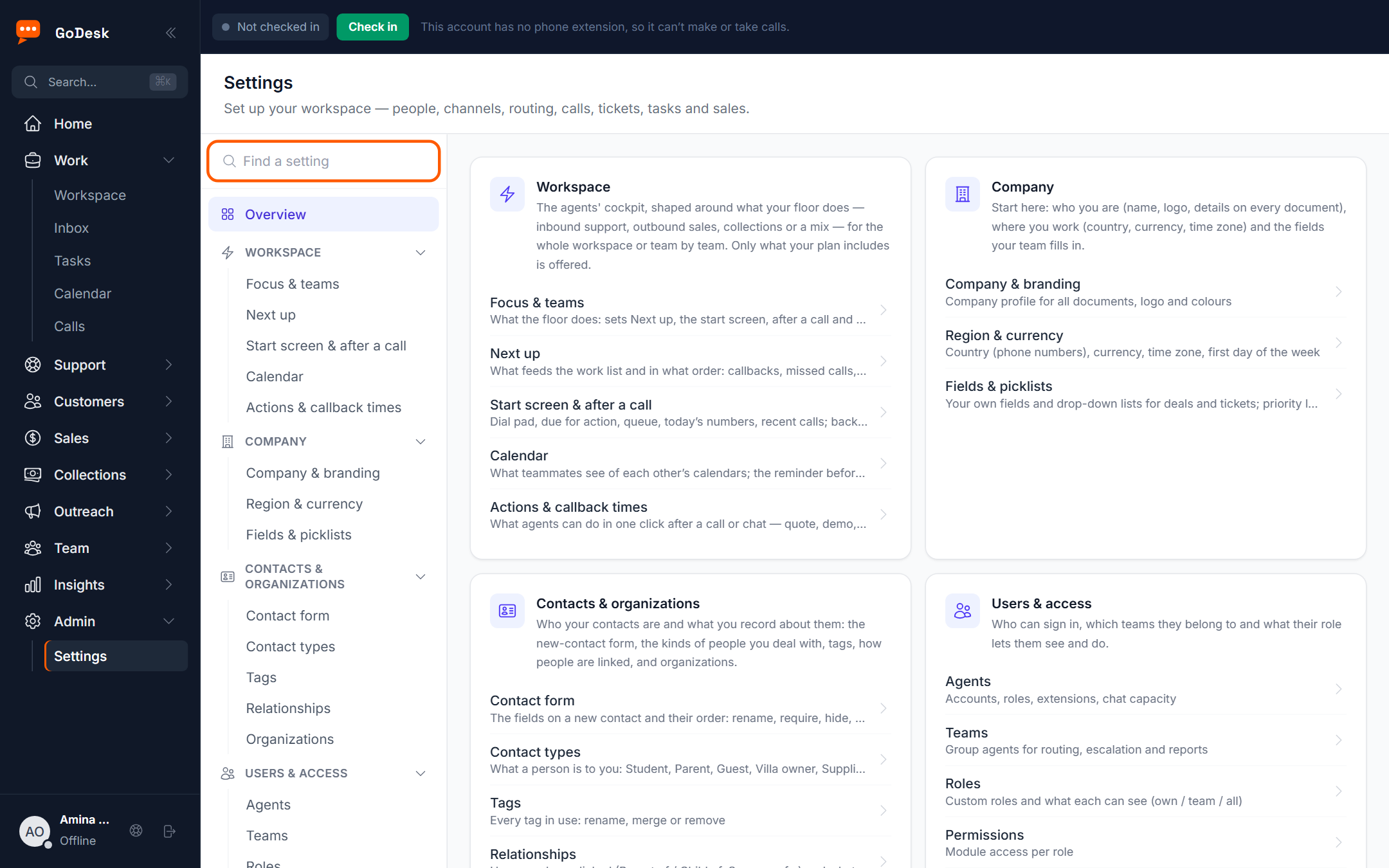 The Settings overview with the Find a setting box at the top of the Settings menu, and cards for Workspace, Company, Contacts & organizations and Users & access, each listing its pages.